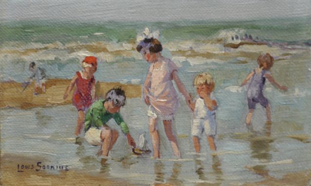 Louis Soonius | Pootje baden langs het strand, olieverf op doek op board, 8,8 x 13,9 cm, gesigneerd l.o.