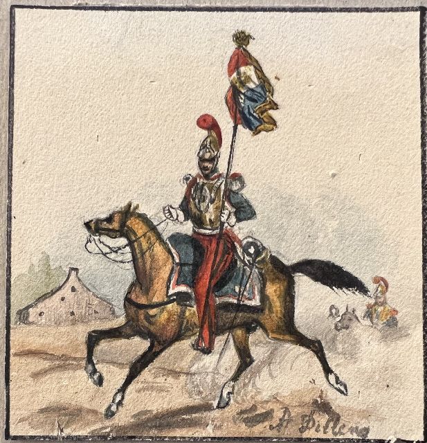 Dillens A.A.  | Cavalerist, aquarel op papier 8,7 x 8,4 cm, gesigneerd r.o.