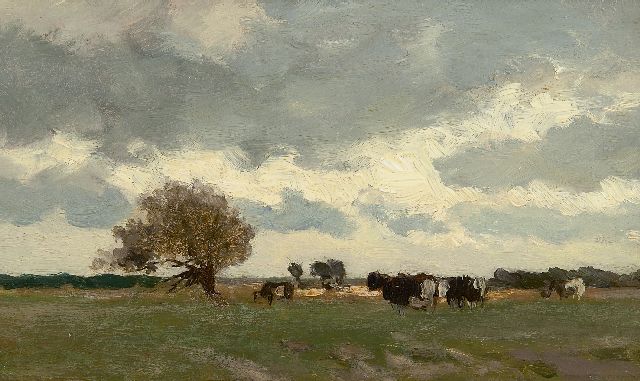 Jan Hendrik Weissenbruch | Landschap met koeien, olieverf op paneel, 15,0 x 25,1 cm