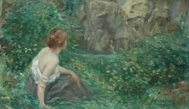 Schreuder van de Coolwijk J.H.W.M.  | Elegante jonge vrouw op het gras, olieverf op paneel 15,9 x 26,1 cm, gesigneerd r.o.