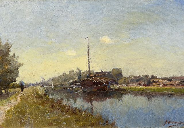 Jan Hillebrand Wijsmuller | Afgemeerde platbodem in poldervaart, olieverf op doek op paneel, 33,8 x 49,0 cm, gesigneerd r.o.