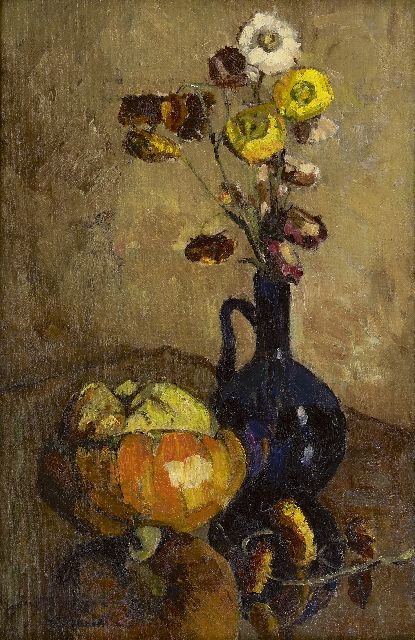 Jacoba van Groningen-Laurillard | Stilleven met gedroogde bloemen en pompoen, olieverf op doek, 60,0 x 40,0 cm, gesigneerd l.o.