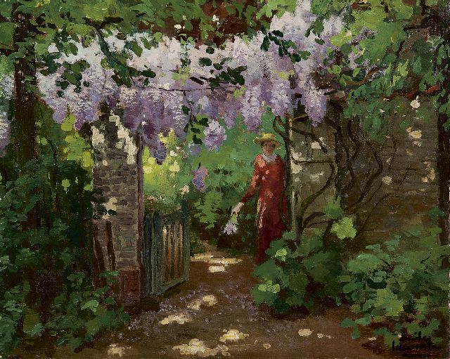 Emile Lecomte | In de tuin, olieverf op doek, 39,9 x 49,9 cm, gesigneerd r.o.