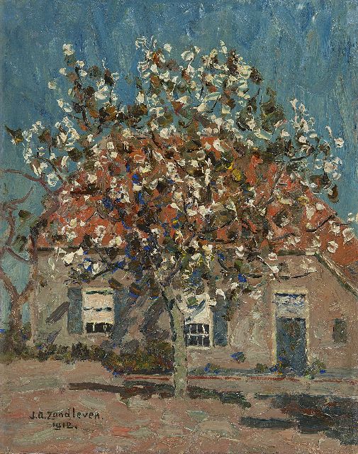 Jan Adam Zandleven | Bloeiende vruchtboom voor boerderij, olieverf op doek op paneel, 40,2 x 32,1 cm, gesigneerd l.o. en gedateerd 1912