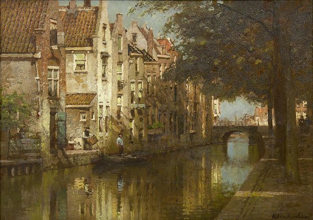 Karel Klinkenberg | Gezicht op de Kooltuin, Alkmaar, met de Dijkbrug, olieverf op doek, 21,5 x 35,3 cm, gesigneerd r.o.