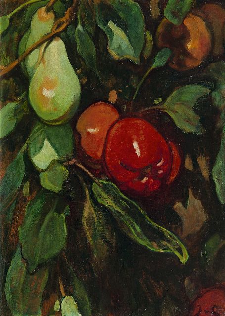 Jacobus van Looy | Rode appels en peren, olieverf op paneel, 37,0 x 26,7 cm, gesigneerd r.o. met initialen