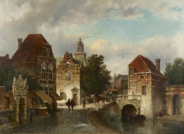 Adriaan Vrolijk | Zomers stadsgezicht met de poort van het Haagse Sint Nicolaas Gasthuis, olieverf op doek, 70,8 x 96,7 cm, gesigneerd l.o. en op de poort en gedateerd op de poort 1861