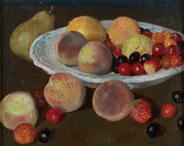 Josef Multrus | Fruitstilleven met perziken en kersen, olieverf op doek, 25,7 x 31,5 cm, gesigneerd r.o.