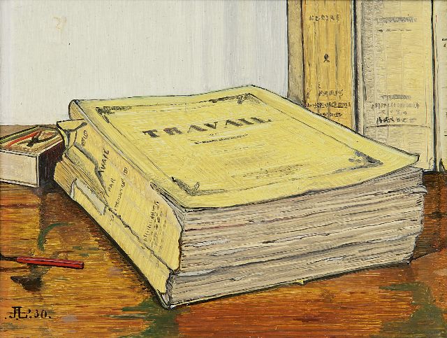 Jo Lodeizen | Stilleven met het boek 'Travail' van Emile Zola, olieverf op paneel, 16,1 x 21,1 cm, gesigneerd l.o. met monogram en gedateerd '30