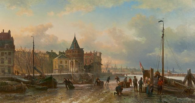 Elias Pieter van Bommel | IJsvertier bij de Schreierstoren, Amsterdam, olieverf op doek, 54,3 x 100,4 cm, gesigneerd l.o. en gedateerd 1883