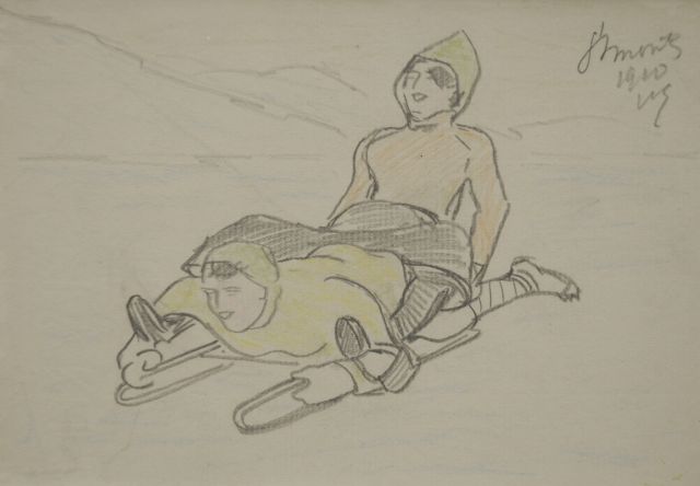 Willy Sluiter | Samen op de bobslee, potlood en kleurpotlood op papier, 11,3 x 16,2 cm, gesigneerd r.b. met initialen en gedateerd 1910