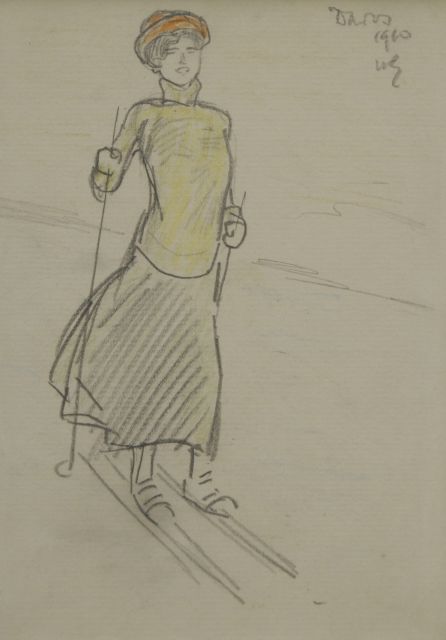 Willy Sluiter | Op de skies, Davos, potlood en kleurpotlood op papier, 16,2 x 11,2 cm, gesigneerd r.b. met initialen en gedateerd 1910