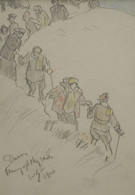 Willy Sluiter | Terug van de skiraces, Davos, potlood en kleurpotlood op papier, 17,2 x 12,6 cm, gesigneerd l.o. met initialen en gedateerd 1910