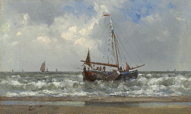 François Carlebur | De 'Katwijk 16' in de branding, olieverf op doek, 30,7 x 51,0 cm, gesigneerd r.o.