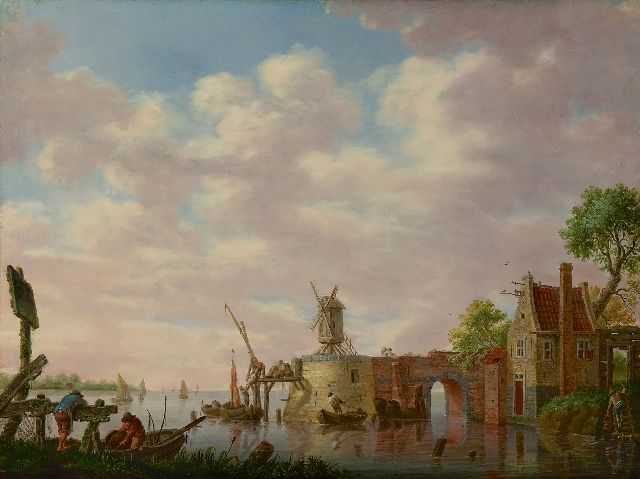 Heinrich Wilhelm Schweickhardt | Hollands riviergezicht met vissers, olieverf op paneel, 30,8 x 42,2 cm, gesigneerd l.o. op hek