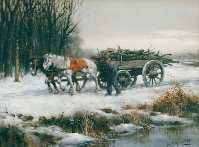 Meesters D.   | Houtkar in een besneeuwd landschap, olieverf op doek 31,0 x 41,0 cm, gesigneerd r.o.