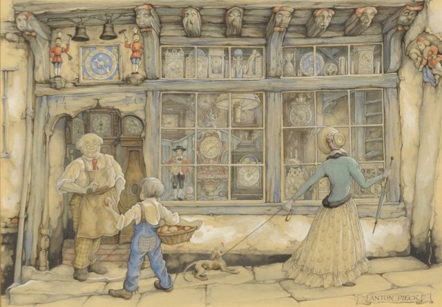 Anton Pieck | De klokkenmaker, aquarel op papier, 24,2 x 34,5 cm, gesigneerd rechtsonder