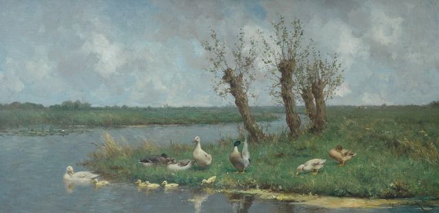 Constant Artz | Hollands polderlandschap met knotwilgen en eendenfamilie, olieverf op doek, 40,0 x 80,5 cm, gesigneerd r.o.