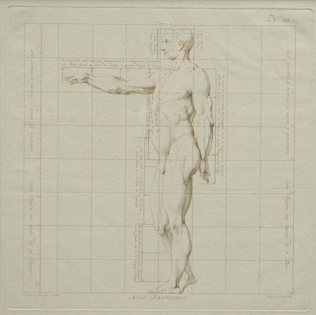 Jacob de Wit | De ideale proporties van het menselijk lichaam - Man (no.III), gravure op papier, 40,0 x 40,0 cm