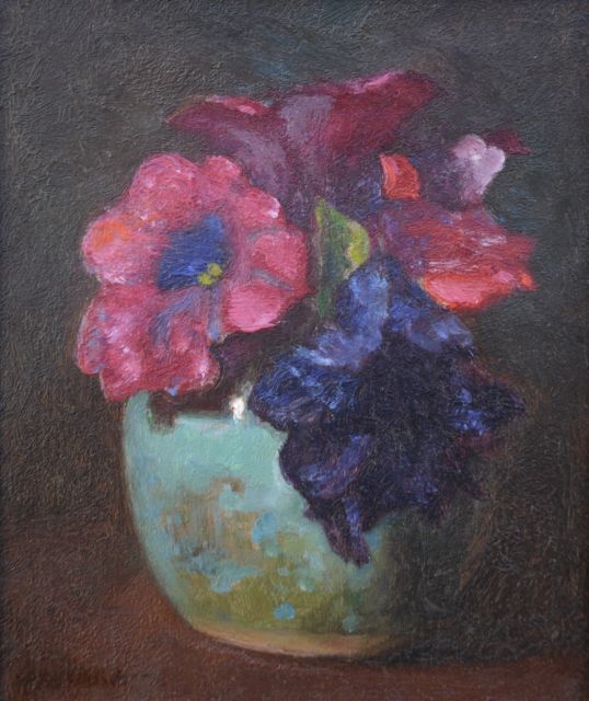 Marie Wandscheer | Petunia's in gemberpotje, olieverf op paneel, 18,5 x 15,5 cm, gesigneerd l.o.