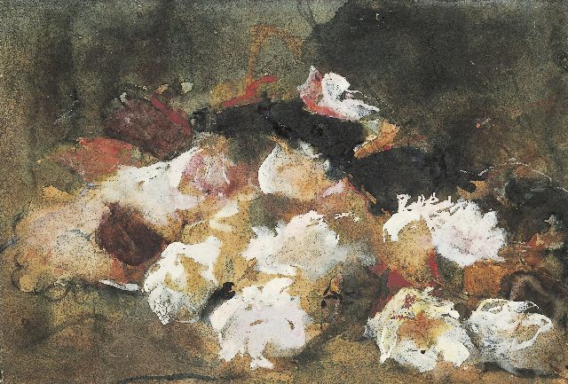 George Hendrik Breitner | Stilleven van rozen, zwart krijt en aquarel op papier, 26,3 x 37,6 cm