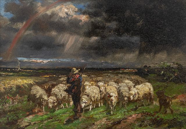 Franse School, 19e eeuw | Kudde schapen, vluchtend voor het onweer/regenboog, olieverf op paneel, 18,7 x 27,0 cm, gesigneerd r.m.