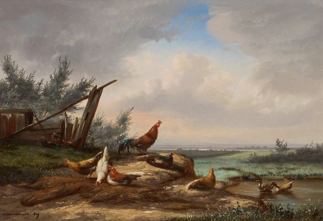 Jean-Baptiste Leopold van Leemputten | Haan en kippen bij een hek, olieverf op paneel, 33,0 x 48,2 cm, gesigneerd l.o. en gedateerd 1869