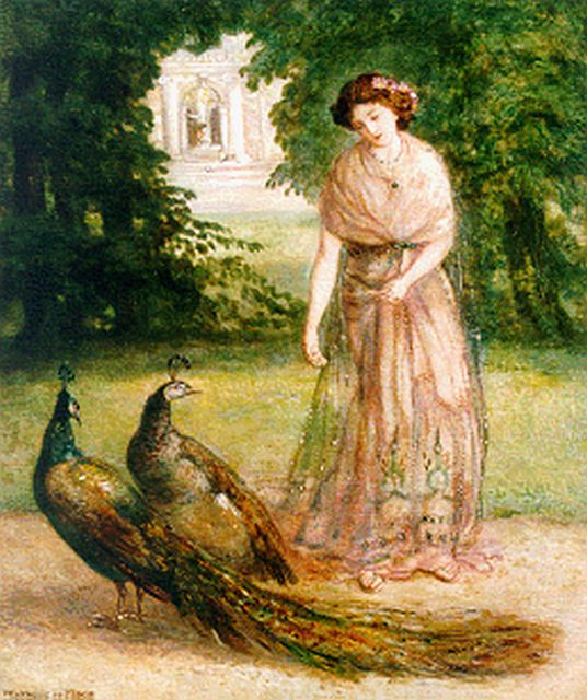 Pieter Cornelis de Moor | Elegante dame, die de pauwen voert, olieverf op doek, 38,5 x 32,0 cm, gesigneerd l.o.