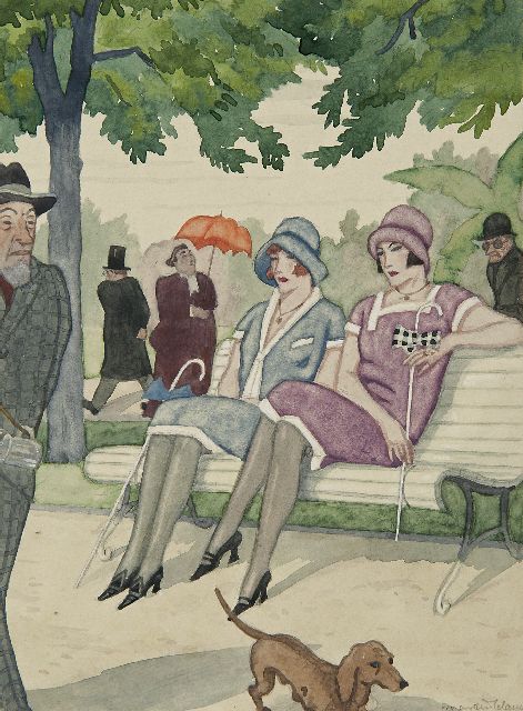 Martin Claus | Elegante dames op een bank in het park, aquarel op papier, 23,1 x 16,9 cm, gesigneerd r.o. en te dateren ca. 1927