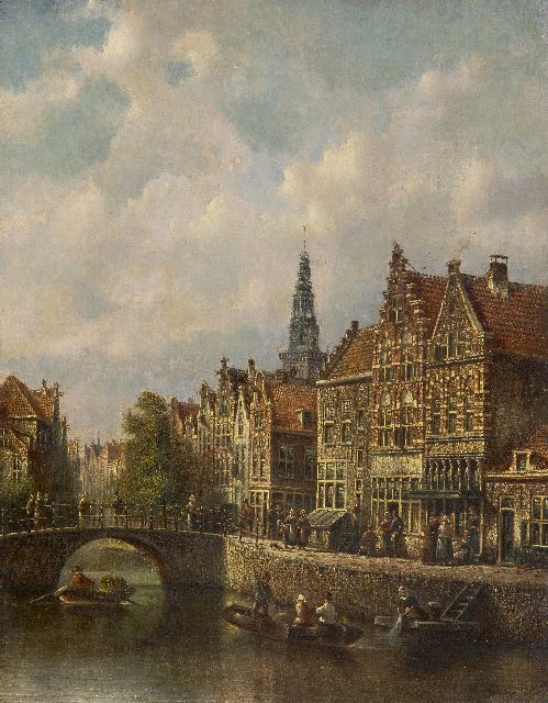 Spohler J.F.  | Stadsgezicht met de Amsterdamse Oudekerkstoren, olieverf op doek 44,0 x 34,9 cm, gesigneerd r.o.
