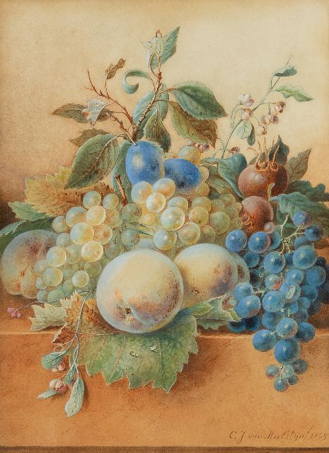 Johan van Hulstijn | Fruitstilleven op marmeren plint, aquarel op papier, 37,3 x 27,4 cm, gesigneerd r.o. en gedateerd 1869