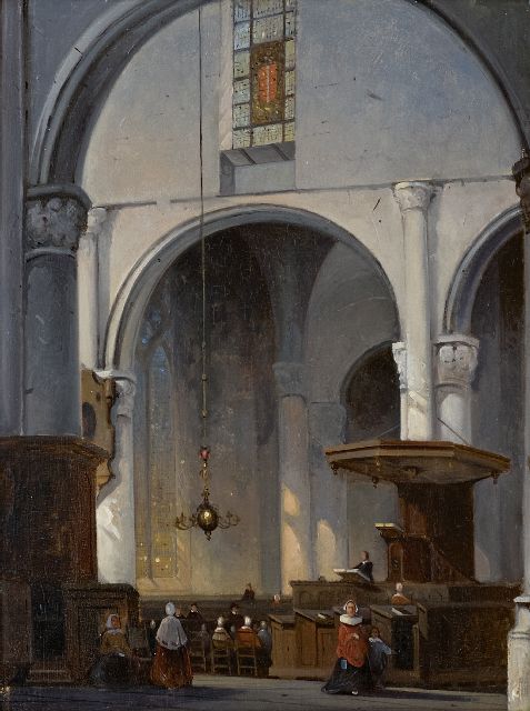 Jan Hendrik van de Laar | Kerkinterieur, olieverf op paneel, 36,9 x 27,9 cm