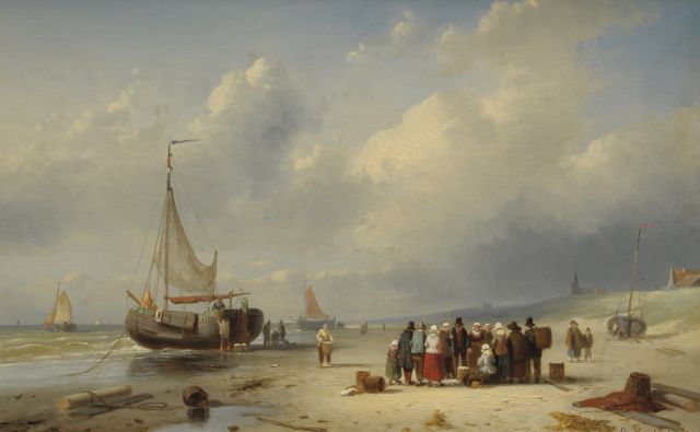 Charles Leickert | Het strand van Scheveningen met pinken en visafslag *), olieverf op paneel, 25,8 x 39,4 cm, gesigneerd r.o. en gedateerd '61