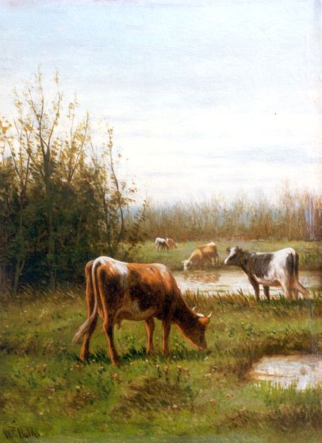 Willem Frederik Hulk | Koeien aan het water, olieverf op paneel, 20,2 x 15,2 cm, gesigneerd l.o.