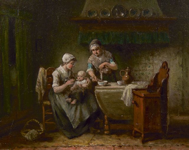 Jan Damschreuder | Boerenfamilie, olieverf op paneel, 12,2 x 27,4 cm