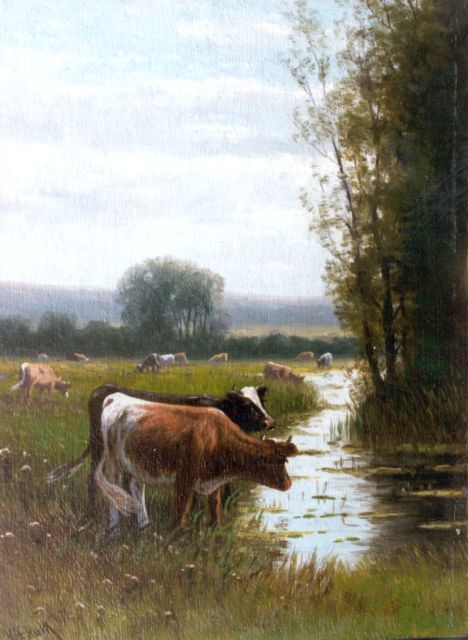 Willem Frederik Hulk | Koeien aan het water, olieverf op paneel, 20,2 x 14,8 cm, gesigneerd l.o.