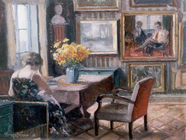 Carlo Christoffer Hornung Jensen | Vrouw met naaiwerk in interieur, olieverf op paneel, 24,3 x 33,0 cm, gesigneerd l.o. en gedateerd '39