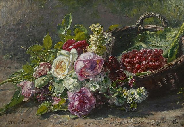 Peters A.  | Stilleven met rozen en korf met frambozen, olieverf op doek 42,8 x 60,1 cm, gesigneerd l.o. en te dateren ca. 1880