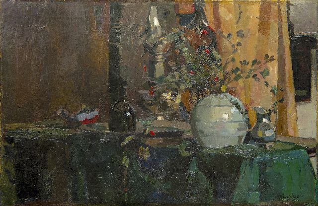 Herman Kruyder | Stilleven met bessen in Keulse pot, olieverf op doek, 56,1 x 85,1 cm, gesigneerd r.o. en te dateren voor 1916