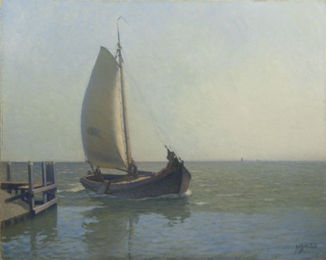A.P. Schotel | Botter voor de haven van Volendam, olieverf op doek, 80,4 x 100,3 cm, gesigneerd r.o.