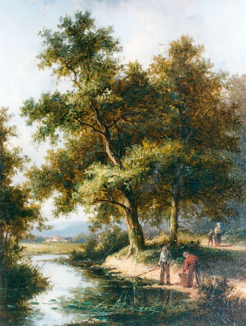 Jan Evert Morel II | Figuren bij beekje langs de bosrand, olieverf op paneel, 18,1 x 13,8 cm, gesigneerd ach zyd en gedateerd 1874