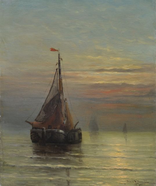 Jacob Willem Gruijter | Bomschuiten voor de Hollandse kust bij zonsondergang, olieverf op doek, 50,0 x 40,0 cm, gesigneerd r.o.