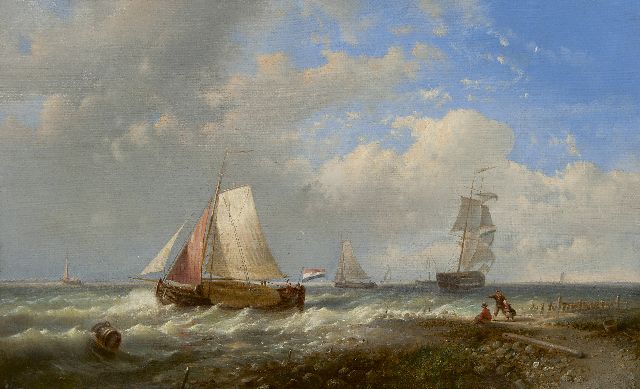 Abraham Hulk | Laverende schepen voor de kust i.o., olieverf op doek, 35,4 x 55,6 cm