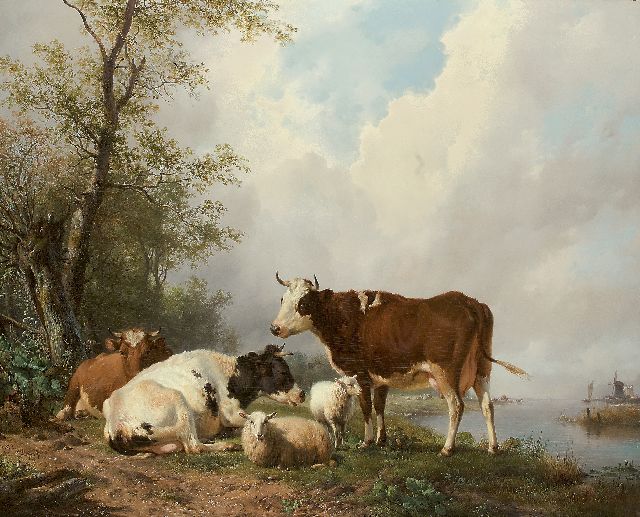 Hendrikus van de Sande Bakhuyzen | Rustend vee in een rivierlandschap, olieverf op paneel, 79,9 x 102,4 cm, gesigneerd l.o. en gedateerd 1840