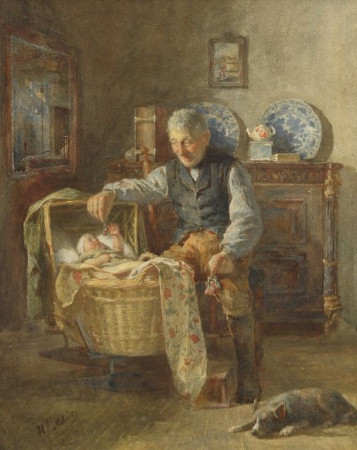 Henricus Joannes Mélis | De eerste kersjes van grootvader, aquarel op papier, 50,8 x 38,7 cm, gesigneerd l.o.