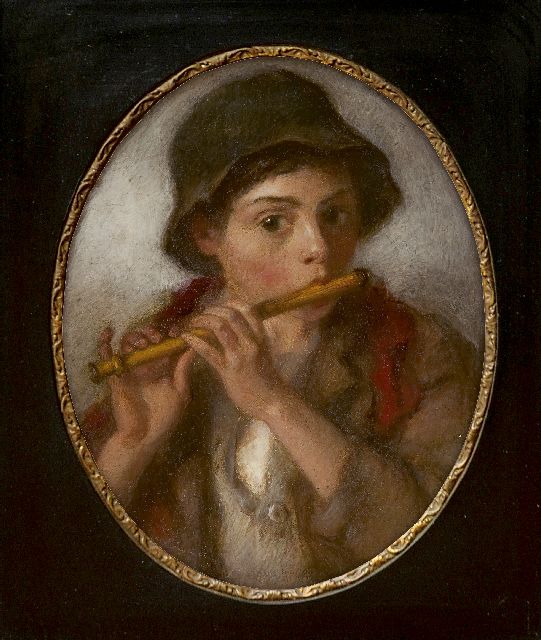 André Broedelet | Herdersjongen met fluit, olieverf op eterniet, 23,0 x 18,0 cm, gesigneerd r.o. met monogram