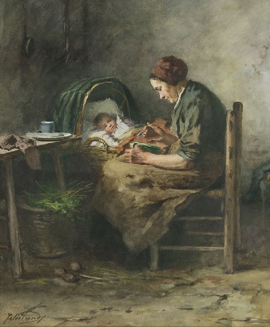 Weiland J.  | Boereninterieur met moeder en kind, aquarel op papier 48,0 x 40,3 cm, gesigneerd l.o.