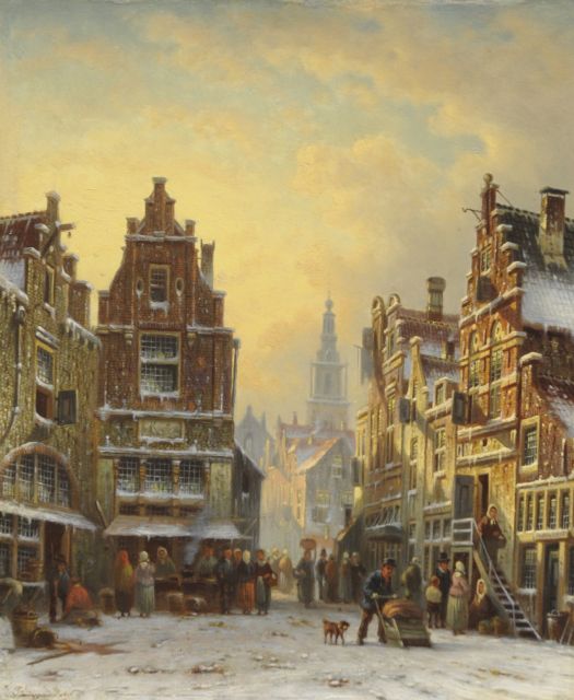 Johannes Franciscus Spohler | Winters stadsgezicht met de Amsterdamse Zuiderkerkstoren, olieverf op paneel, 26,2 x 21,5 cm, gesigneerd l.o.