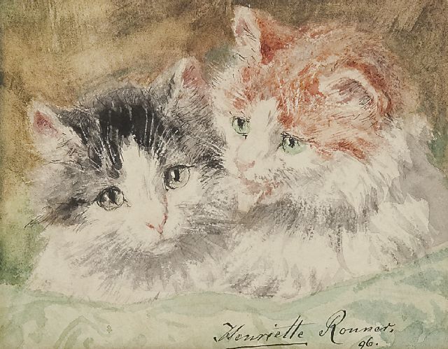 Henriette Ronner | Twee katjes, aquarel op papier, 12,2 x 15,3 cm, gesigneerd r.o. en gedateerd '96
