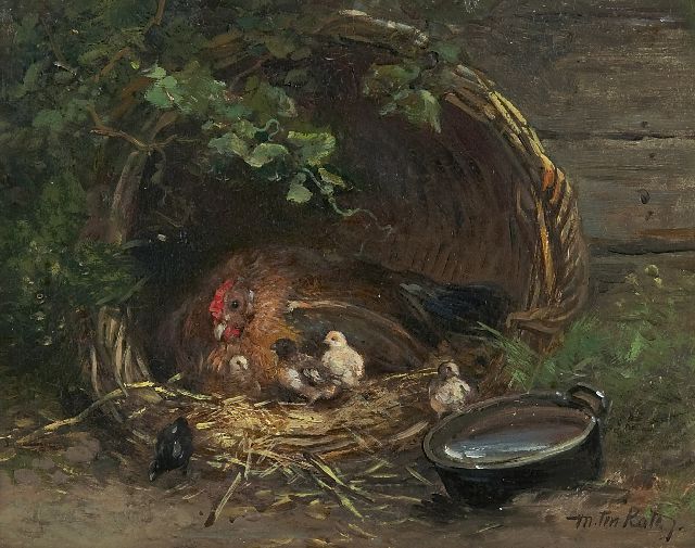 Mari ten Kate | Hen met kuikens in een korf, olieverf op paneel, 15,5 x 19,7 cm, gesigneerd r.o.
